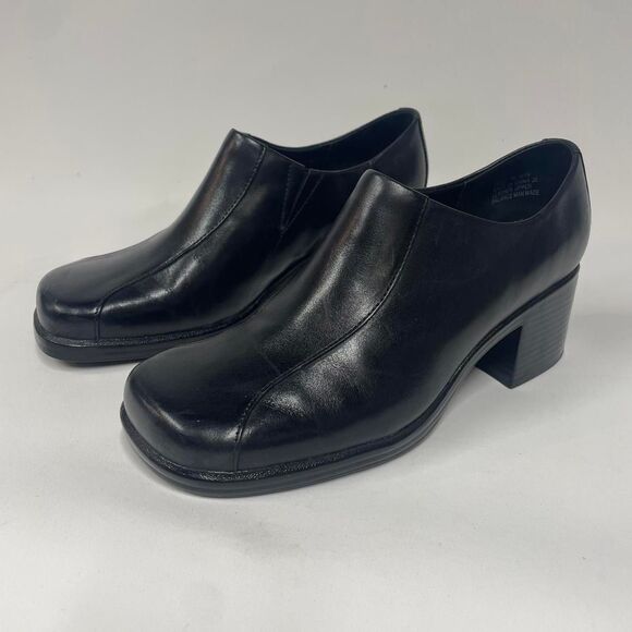 Clarks Shoes - Clarks Women's 7M Y2K Chunky Black Leather Booties Heeled Slip On Square Toe